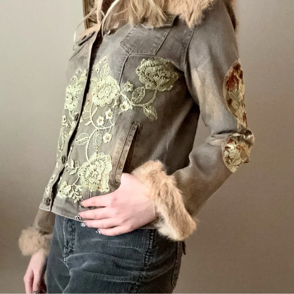 Hazel Button Up Jacket with Real Fur and Green Lace Detailing